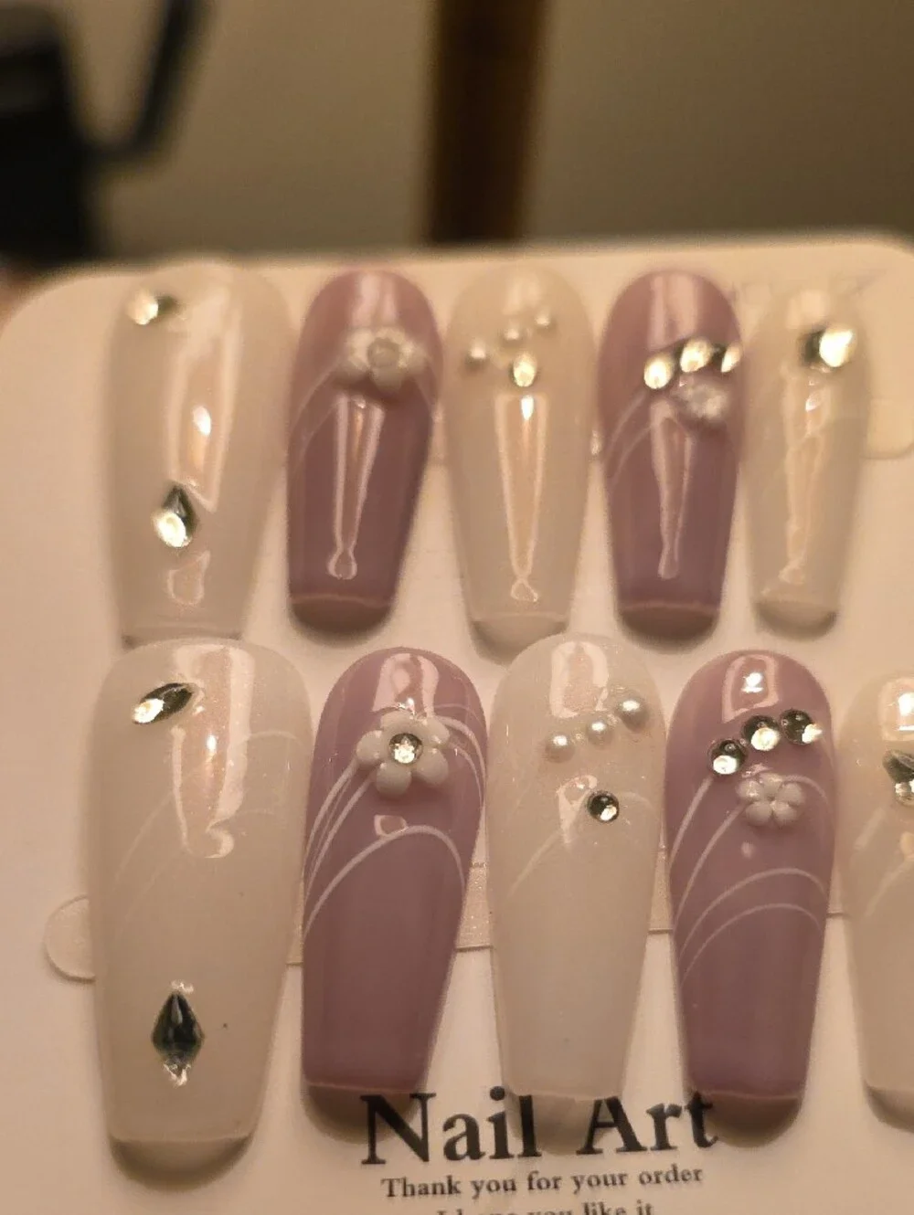 Elegant Pink & Cream Press-On Nail Set with Floral Rhinestones Size Large